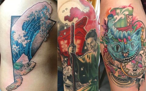 Japanese tattoos on a man's sleeve incorporate traditional elements with modern designs.