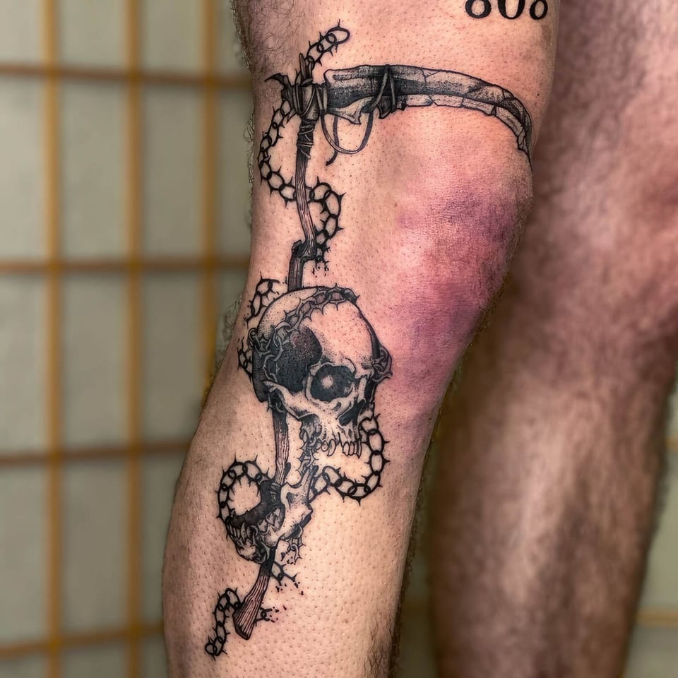 A black illustrative skull, scythe and thorny vines run beside a knee.
