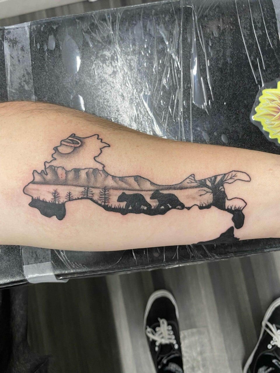 A black and grey map silhouette encloses mountains, trees and bears on a forearm.