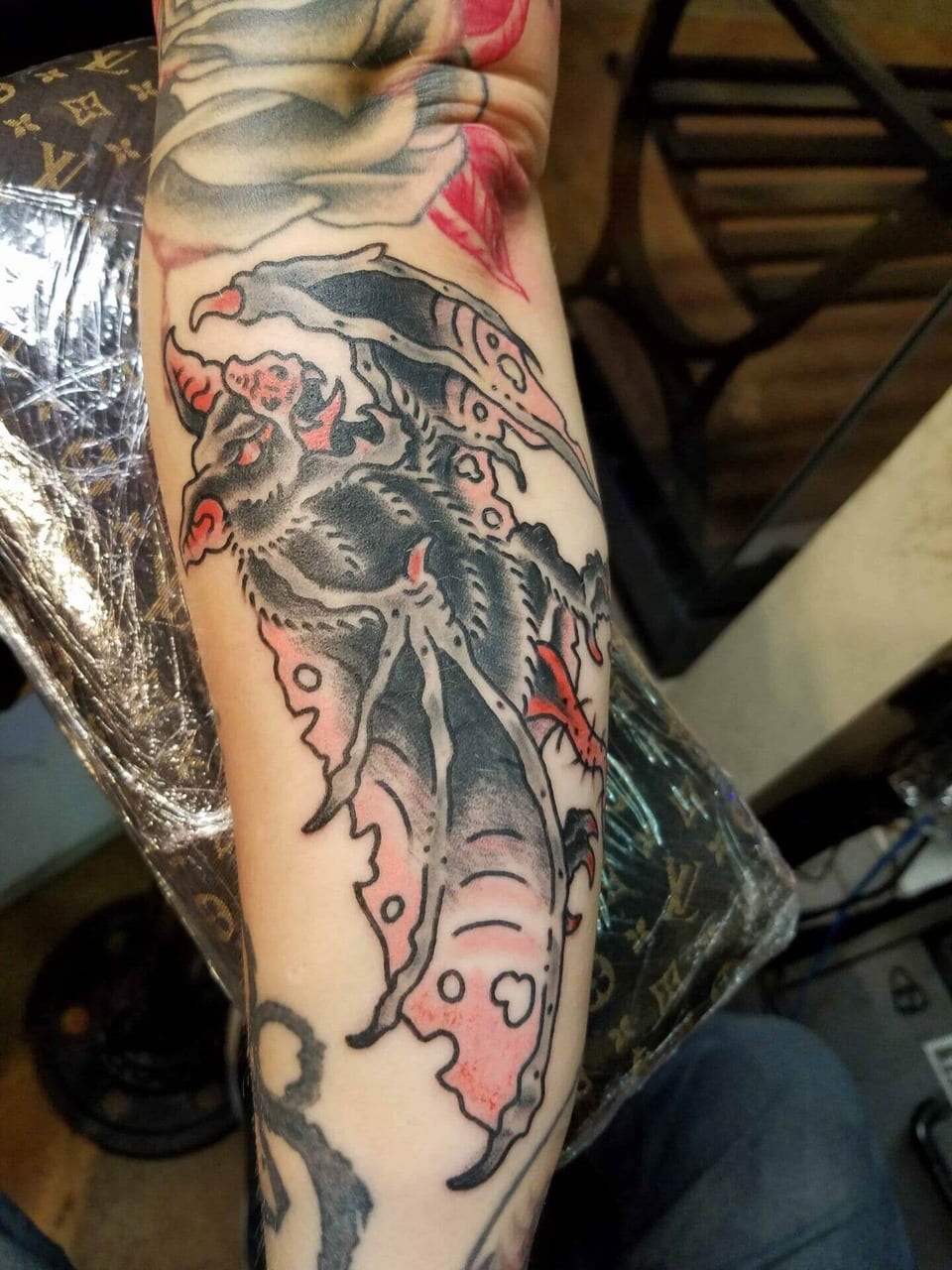 A black and grey bat spreads ragged wings with red accents on the inner forearm.