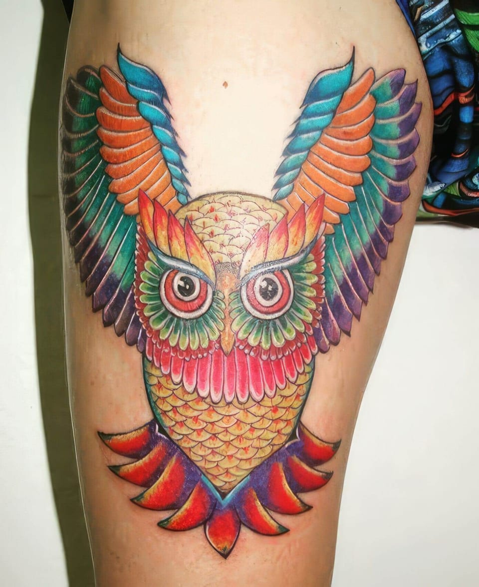 A neo traditional owl with colorful feathers, red eyes and raised wings fills a thigh.
