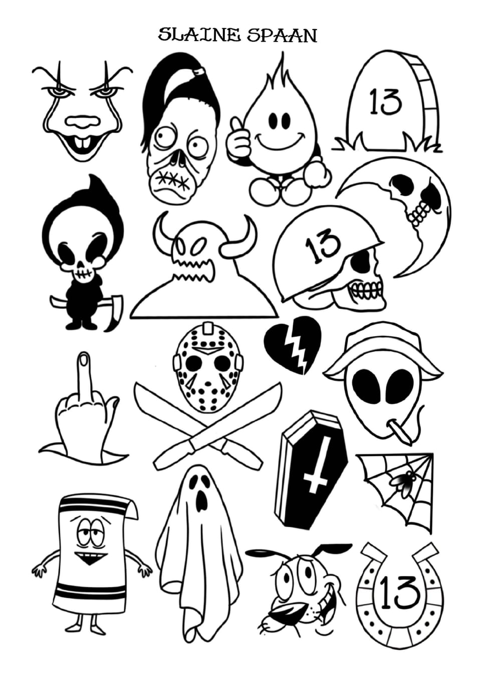 A collection of black and white cartoon-style drawings, featuring various spooky and playful characters, including a ghost, skull, broken heart, tombstone, and a number thirteen. Perfect for Friday the 13th specials!