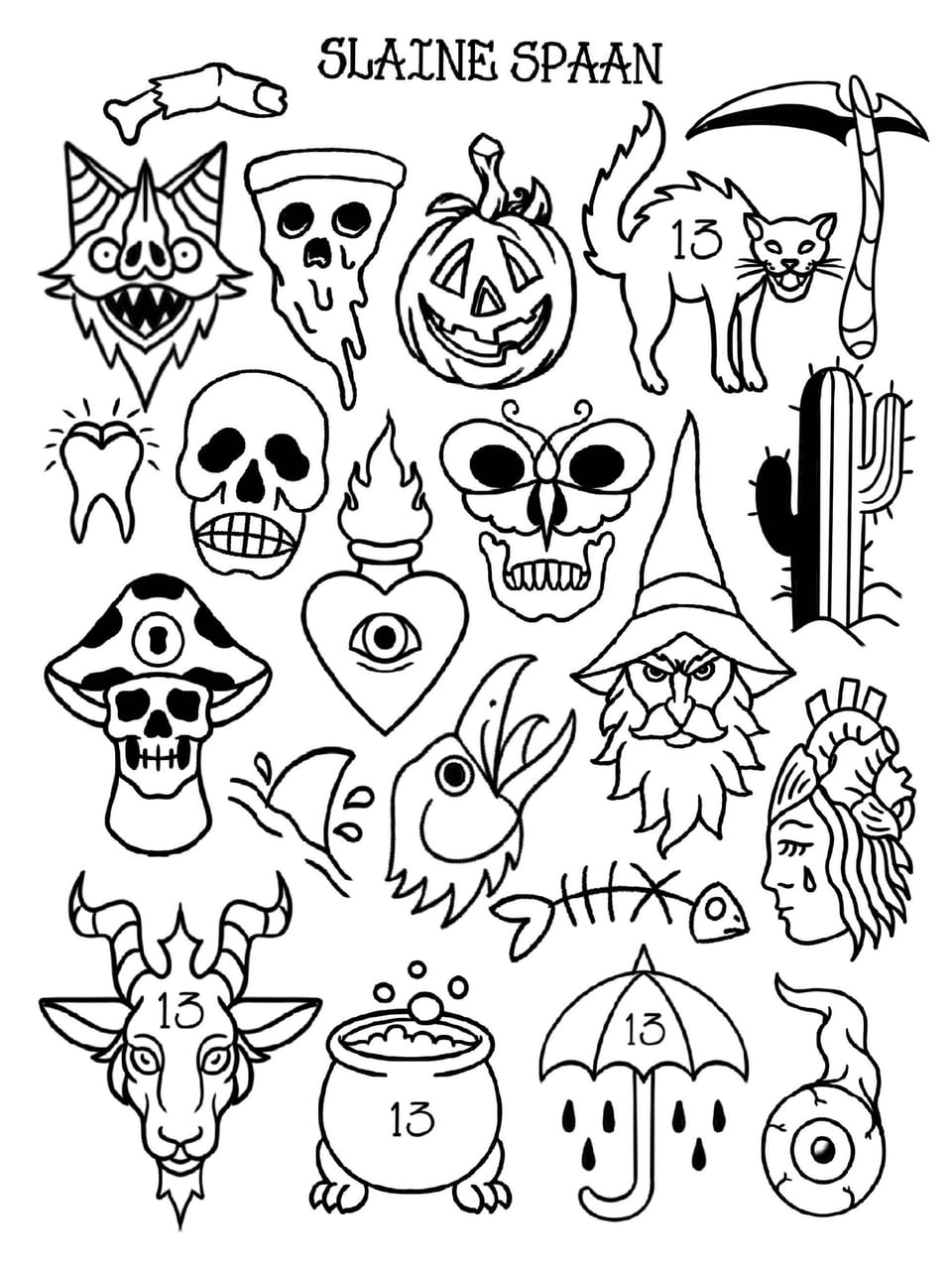 A collection of Halloween-themed line drawings including a skull, pumpkin, black cat, bat, witch, goat, snake, cactus, cauldron, and the number thirteen. The title "Slaine Spaan" is at the top. Perfect for Friday the 13th specials!