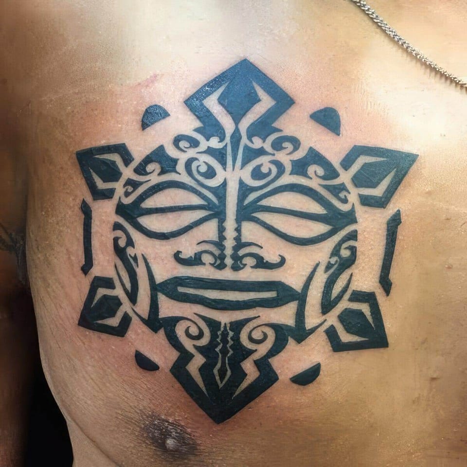 Black Polynesian-style sun mask with symmetrical patterns tattooed on an upper chest, tattooed by Seth Reynolds
