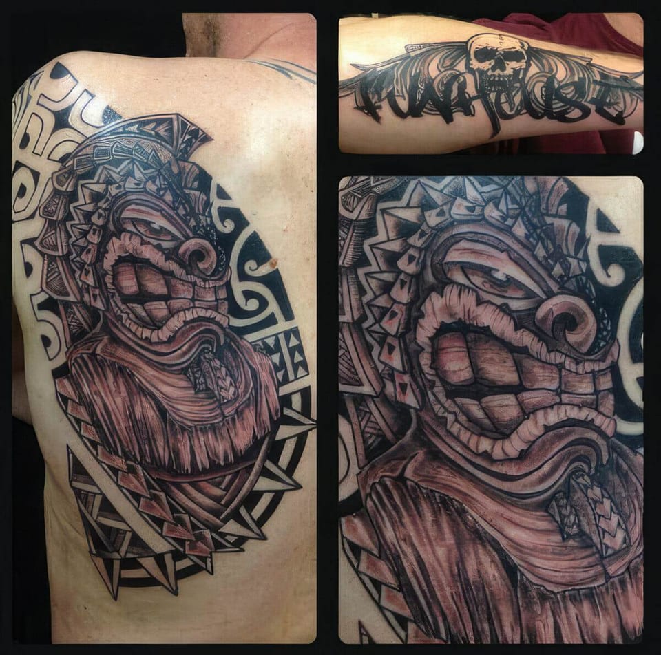 Color tribal tiki faces tattooed on a shoulder, shown in three photos, tattooed by Seth Reynolds