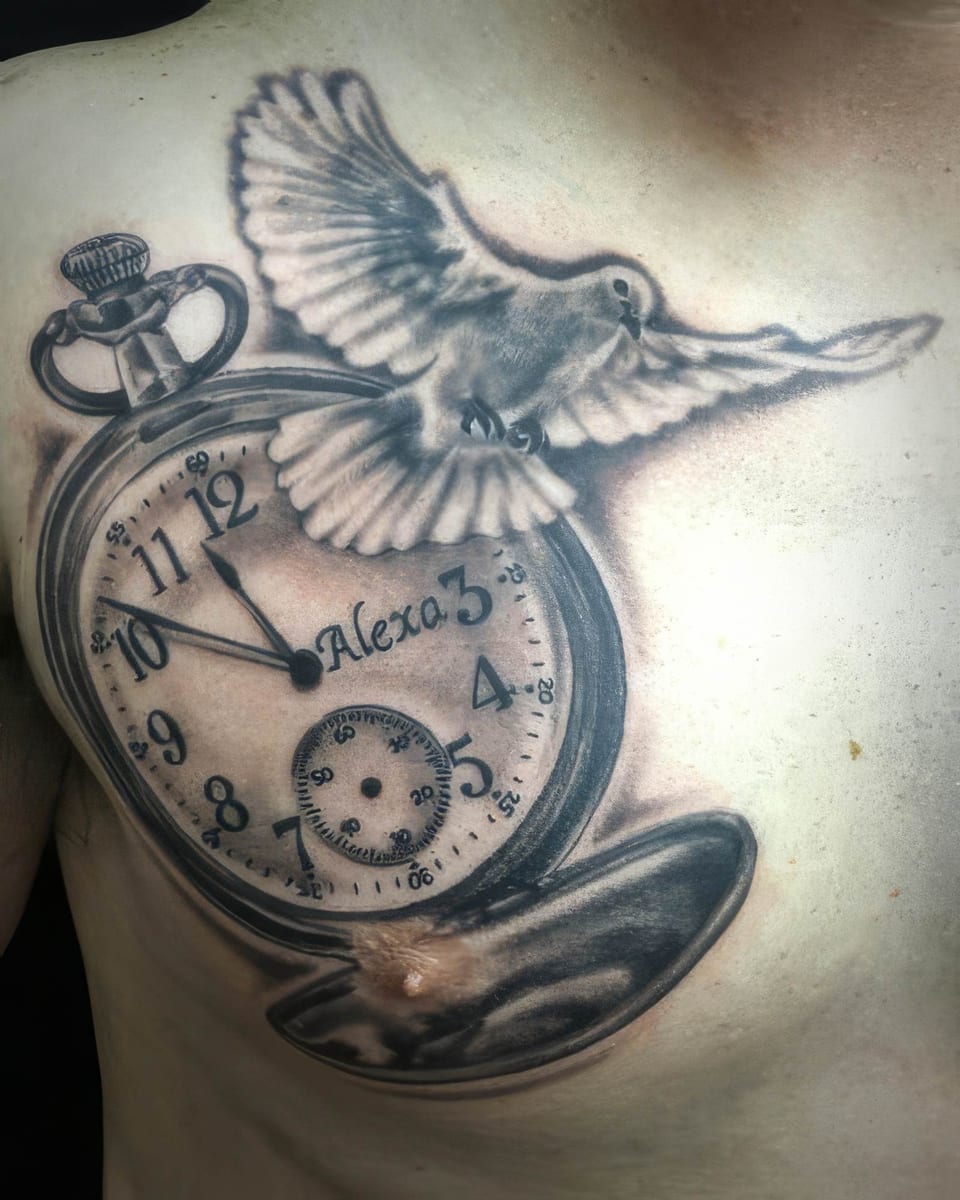 A black and grey realistic pocket watch and flying dove cover an upper chest.
