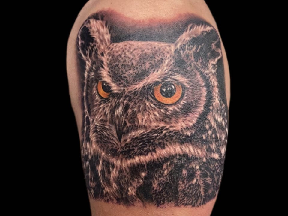 A black and grey realistic owl with orange eyes covers an upper arm.