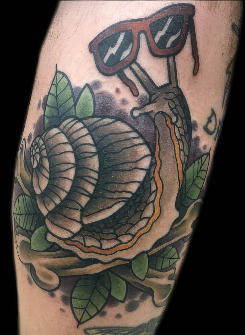 A color neo-traditional snail wearing sunglasses amid green leaves covers an arm.
