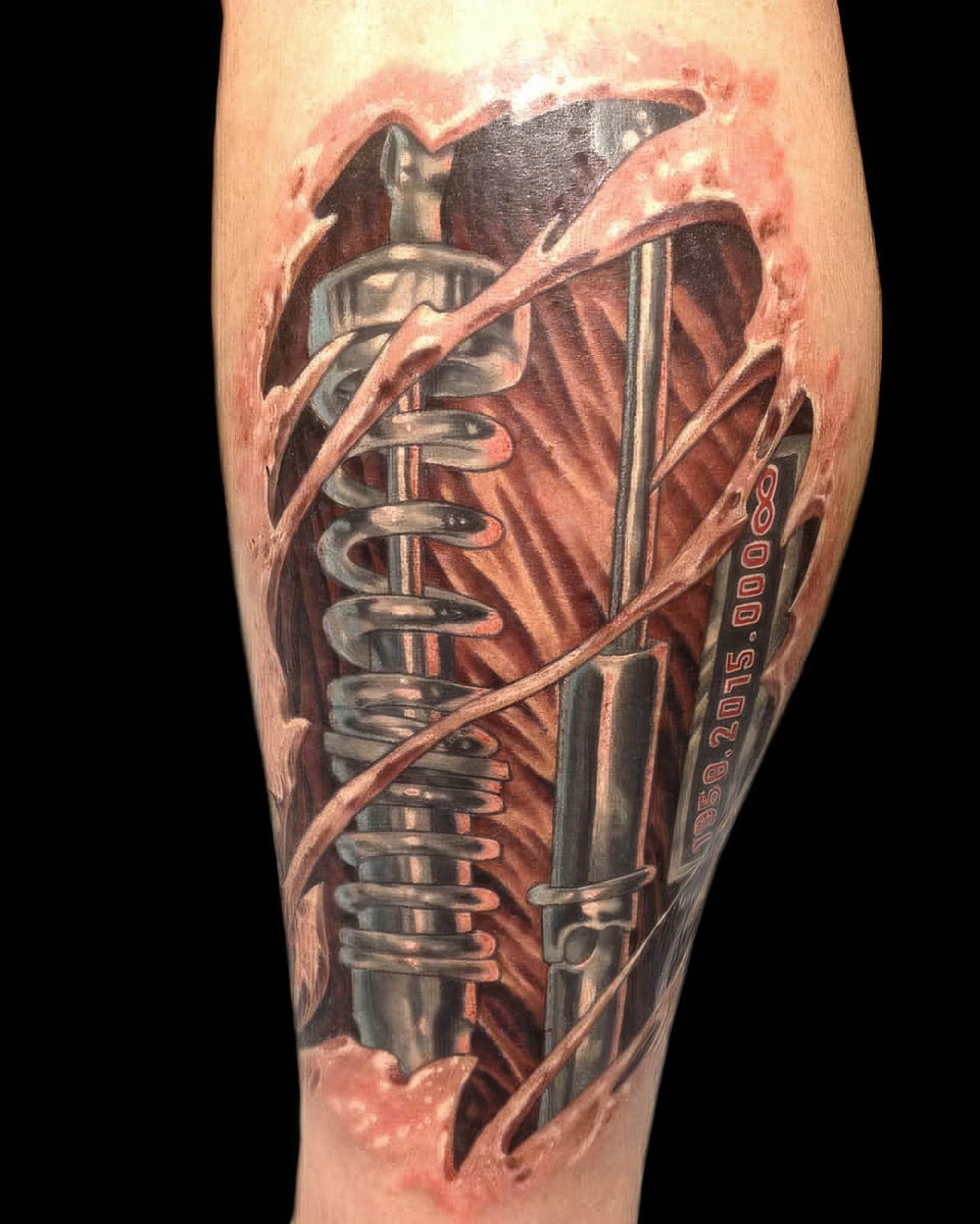 A color biomechanical spring and metal rods beneath a torn-skin effect cover a calf.