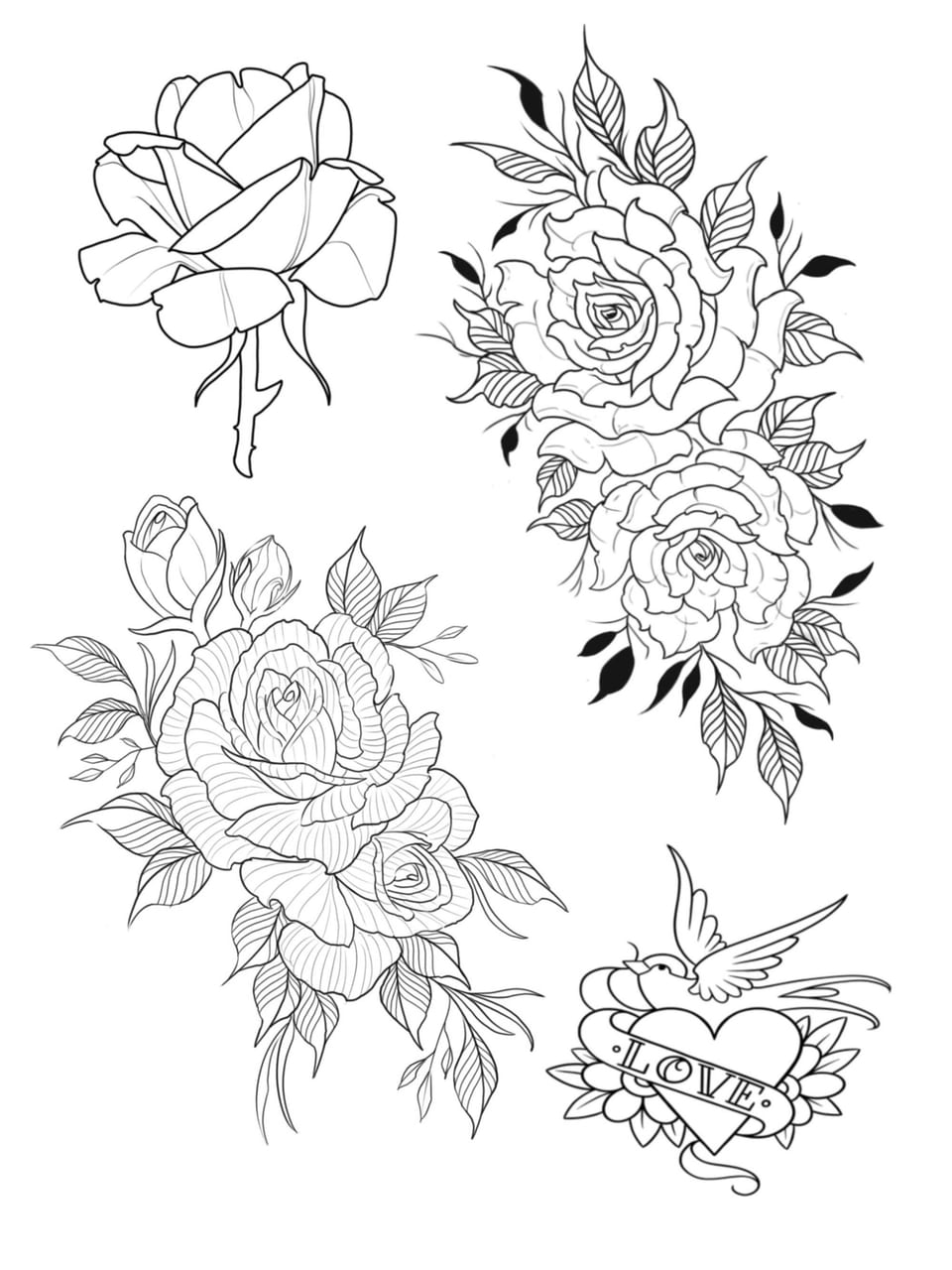 A black line floral flash sheet shows rose arrangements and a swallow above a heart with a Love banner.