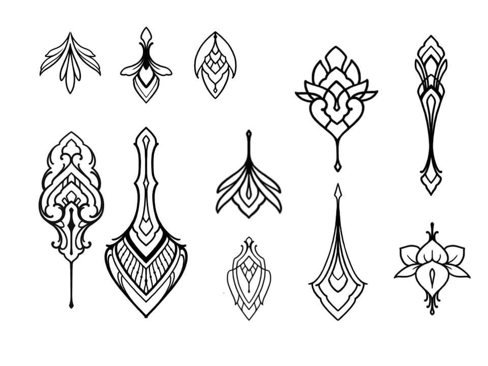 A black outline flash sheet shows symmetrical ornamental designs with lotus petals and hanging teardrops.